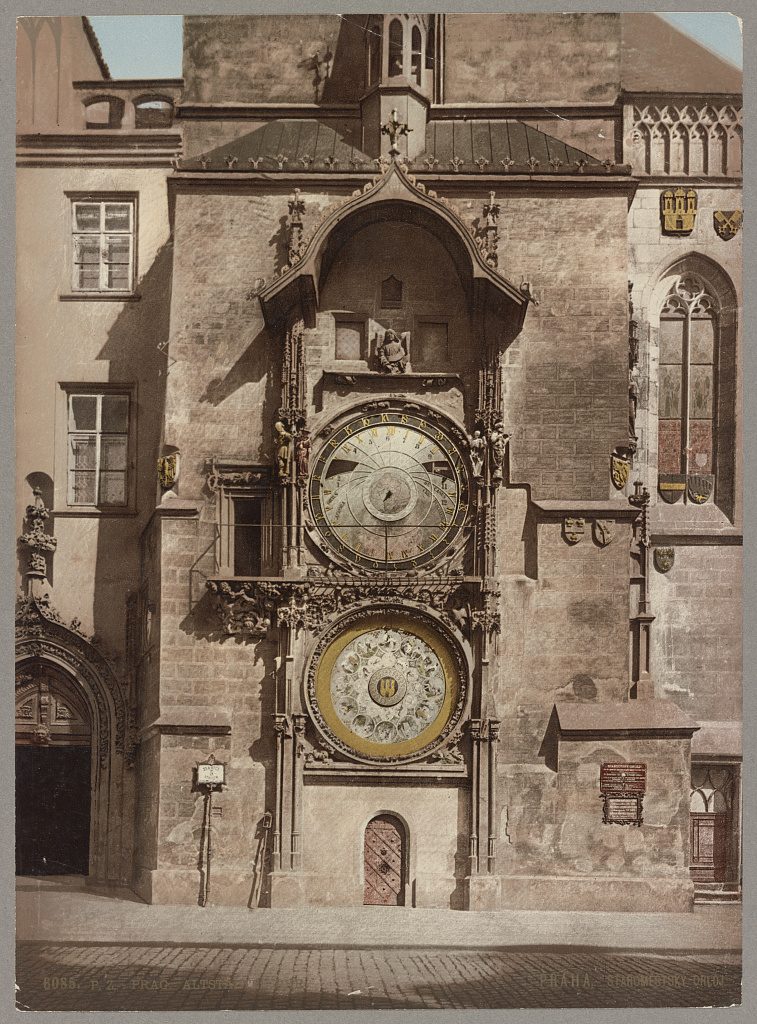 The Old Town astronomical clock on a Photoglob photochrom, c. 1890