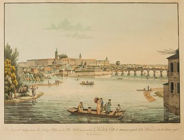 Vltava a Hradčany, kolorovaný lept Karla Postla, kolem 1818