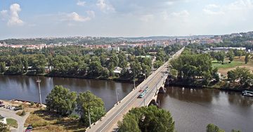 View of the Libeň Bridge from the top of the Lighthouse Vltava Waterfront Towers building in Prague-Holešovice, 2009