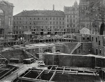 Construction of the Municipal House on the site of the King's Court, the Powder Tower on the right, 1906