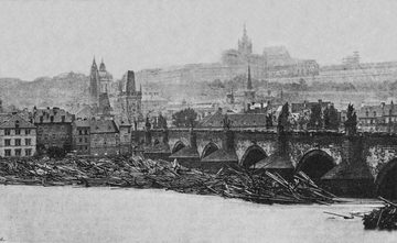Tratwy i szczątki nagromadzone przy Moście Karola po południu 3 września 1890 roku, dzień przed zawaleniem łuków