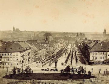 Wenceslas Square from the demolished Horse Gate towards Můstek, with the avenue of trees planted in 1876