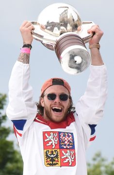 David Pastrňák with the world champions' trophy on Old Town Square, May 2024