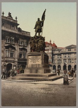 Malostranské náměstí with the monument to Marshal Radetzky (which stood here 1858–1919) and St Nicholas Church, c. 1890
