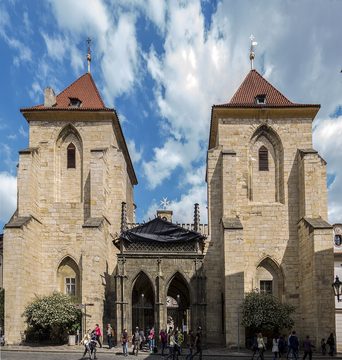 The two Gothic towers of the Church of Our Lady beneath the Chain on Lázeňská Street
