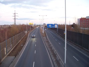 Prague: Letňany, Prosek, Vysočany. Kbelská, seen from the footbridge near Nový Prosek, towards Klíčov, 2012