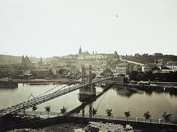 Prague Castle above the Vltava and the Rudolf footbridge, c. 1880