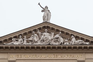 Tympanum of the Prague City Museum's main building at Florenc with a relief by Ladislav Šaloun, 2025