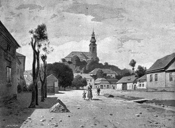 Odolena Voda, view from Dolní náměstí towards St Clement's Church, 1903