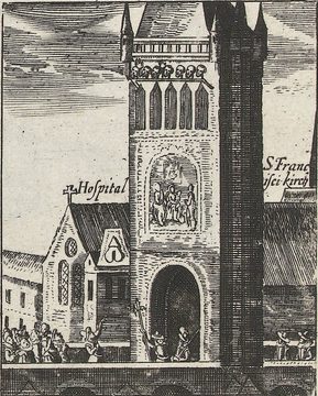 Köpfe der hingerichteten Herren auf dem Umgang des Turms, zeitgenössischer Stich von 1621